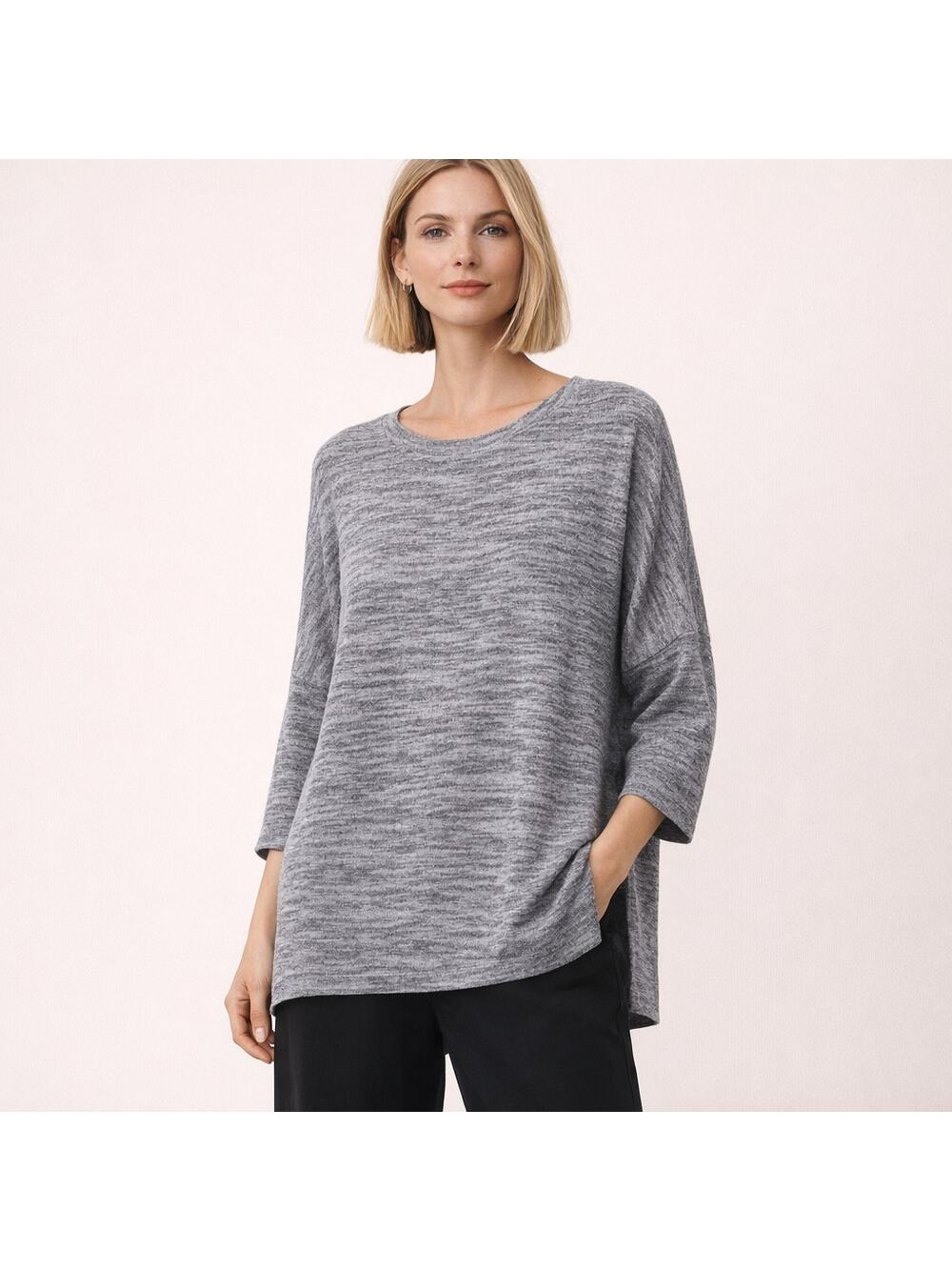 *Eileen Fisher Heathered Oversized Top Womens Med Side Slit Dolman Sleeve Gray
